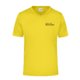 Yellow polyester V-neck t-shirt with short sleeves.
