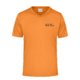 Orange polyester men's V-neck shirt with short sleeves.