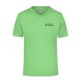 Apple green polyester V-neck shirt with short sleeves.