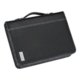 Black faux leather writing case with ring binder mechanism and handle.