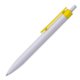 Yellow plastic ballpoint pen with clip and push button.
