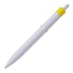 Yellow plastic ballpoint pen with clip and push button.