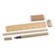 Beige stationery set including pen, pencil, ruler, sharpener and eraser.