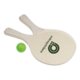Light wooden beach ball set with two paddles and one ball.