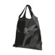 Black transformation bag with drawstring.