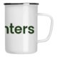 White enamel mug with silver-colored rim and handle.