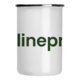 White enamel mug with silver rim.