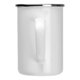 White enamel mug with silver rim and handle.