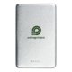 Silver power bank with USB port for charging devices.