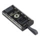 Transparent power bank with USB ports and carrying strap.