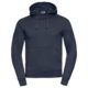 Navy blue cotton-polyester hoodie with hood and kangaroo pocket.