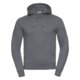 Dark gray cotton-polyester hoodie with hood and kangaroo pocket.