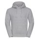 Gray cotton-polyester hoodie with hood and kangaroo pocket.