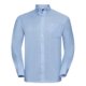 Blue cotton-polyester shirt with long sleeves and button placket.