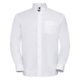 White cotton-polyester shirt with long sleeves and button placket.