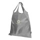 Gray synthetic bag with drawstring.