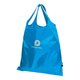 Light blue fabric transforming bag with drawstring.