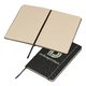 Black notebook with elastic band and bookmark.