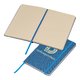 Blue notebook with elastic closure and ribbon bookmark.