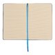 Blue notebook with lined pages and ribbon bookmark.