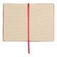 Red notebook with bookmark ribbon and lined pages.