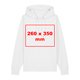 White fabric hoodie with hood and kangaroo pocket.