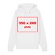 White fabric hoodie with hood and kangaroo pocket.