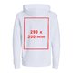 White fabric hoodie with hood and drawstring, unisex fit.