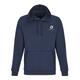 Navy blue cotton-polyester hoodie with hood and kangaroo pocket.