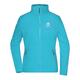Turquoise polyester fleece jacket with full zipper and side pockets.