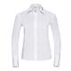 White fabric women's blouse with long sleeves.