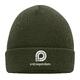 Olive green knit beanie made of stretchy material with ribbed fold-up brim.