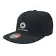 Black fabric cap with flat brim and adjustable closure.
