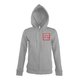 Grey women's sweatshirt jacket with hood and full zipper.