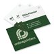 Square paper business cards, printed on both sides.