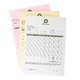 Stacks of carbonless forms in portrait format with pink, yellow and white paper