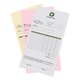 Stacks of carbonless forms in DIN long format with pink, yellow and white paper