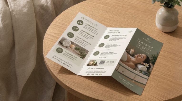 Image Unfolded three-panel leaflet with a spa programme on a round wooden table