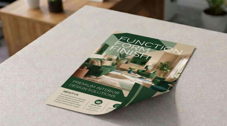 Image Double-sided flyer with an interior design motif on a table top; the folded corner shows the printed back
