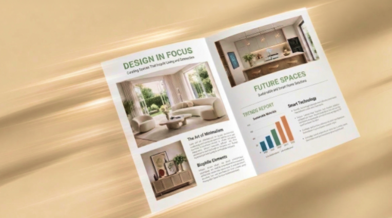 Image Open flyer with interior photos against a beige background with streaks of light