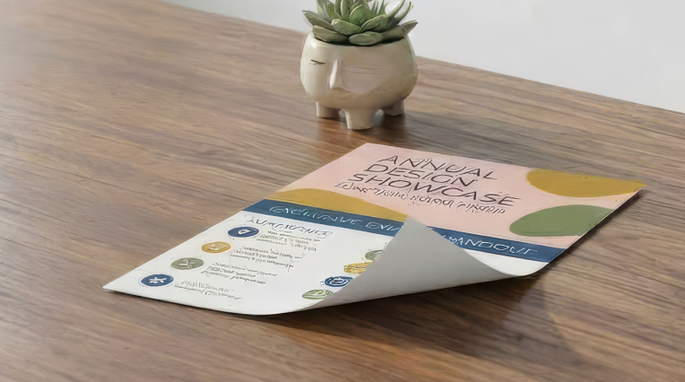 Image Single-sided flyer on a wooden table; the folded corner shows the white back