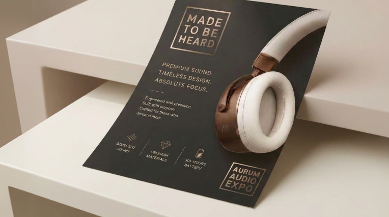 Image Black flyer with shiny gold lettering and a headphone motif on a white shelf