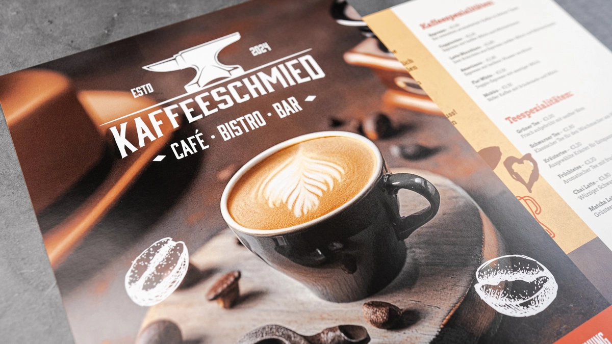 Image Silk-coated caf� flyer with a cappuccino motif and a drinks menu behind it