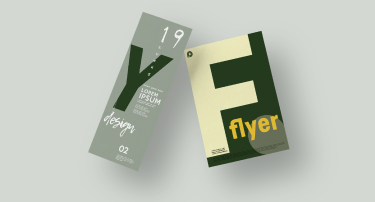 Image Two flyers in green and cream: a slim DL flyer on the left and a portrait flyer with a large F on the right
